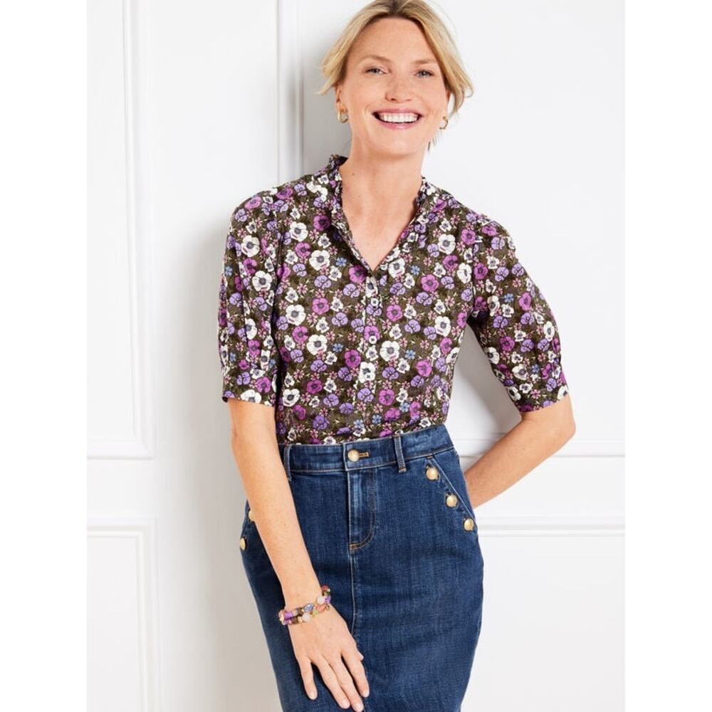 Talbots Ruffle Neck Poppy Ditzy Floral Short Sleeve Feminine Cotton Blouse Large